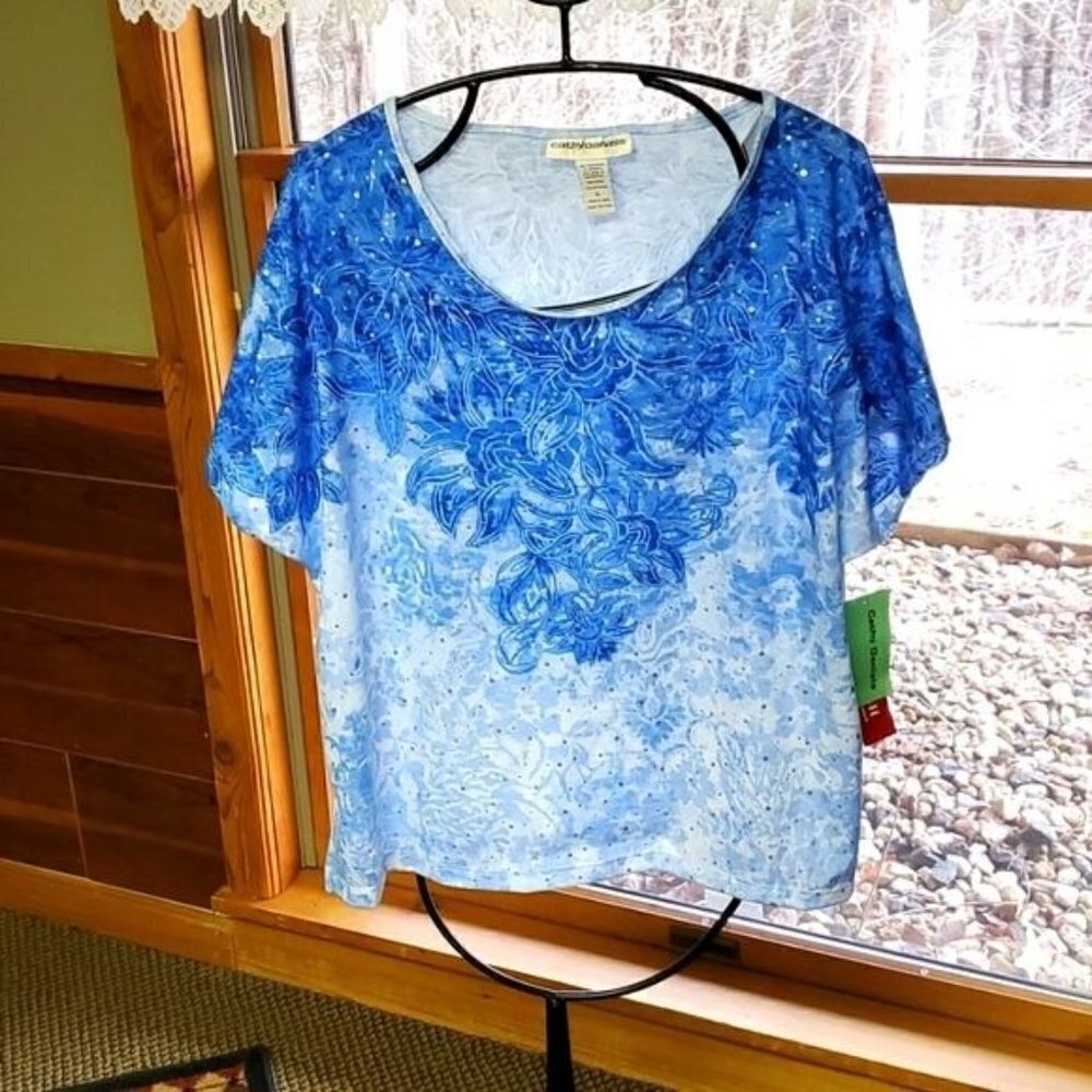 Cathy Daniels Womens XL Blue Floral Sequin Scoop Neck Short Sleeve Top NWT